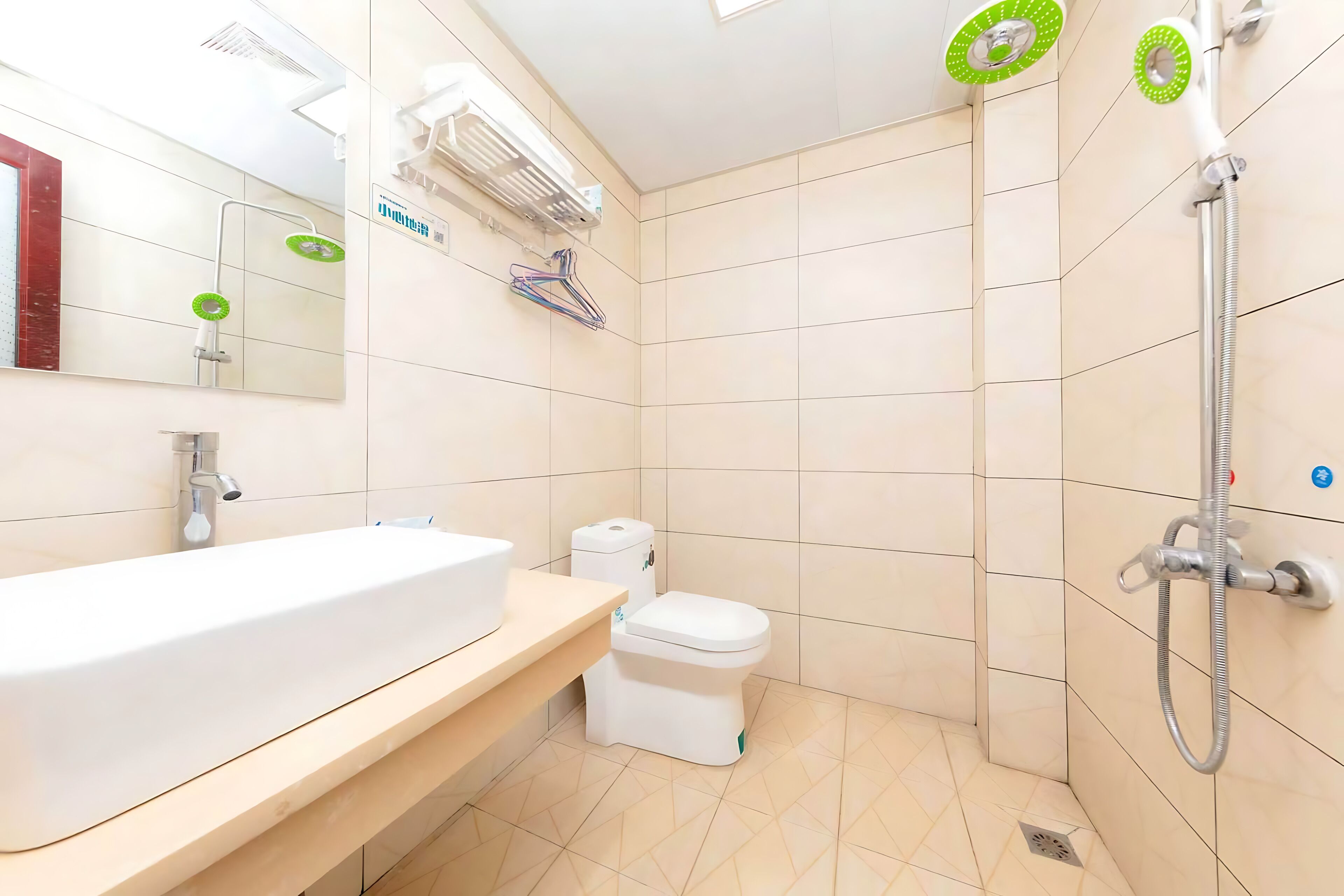 Shower, rainfall showerhead, hair dryer, slippers