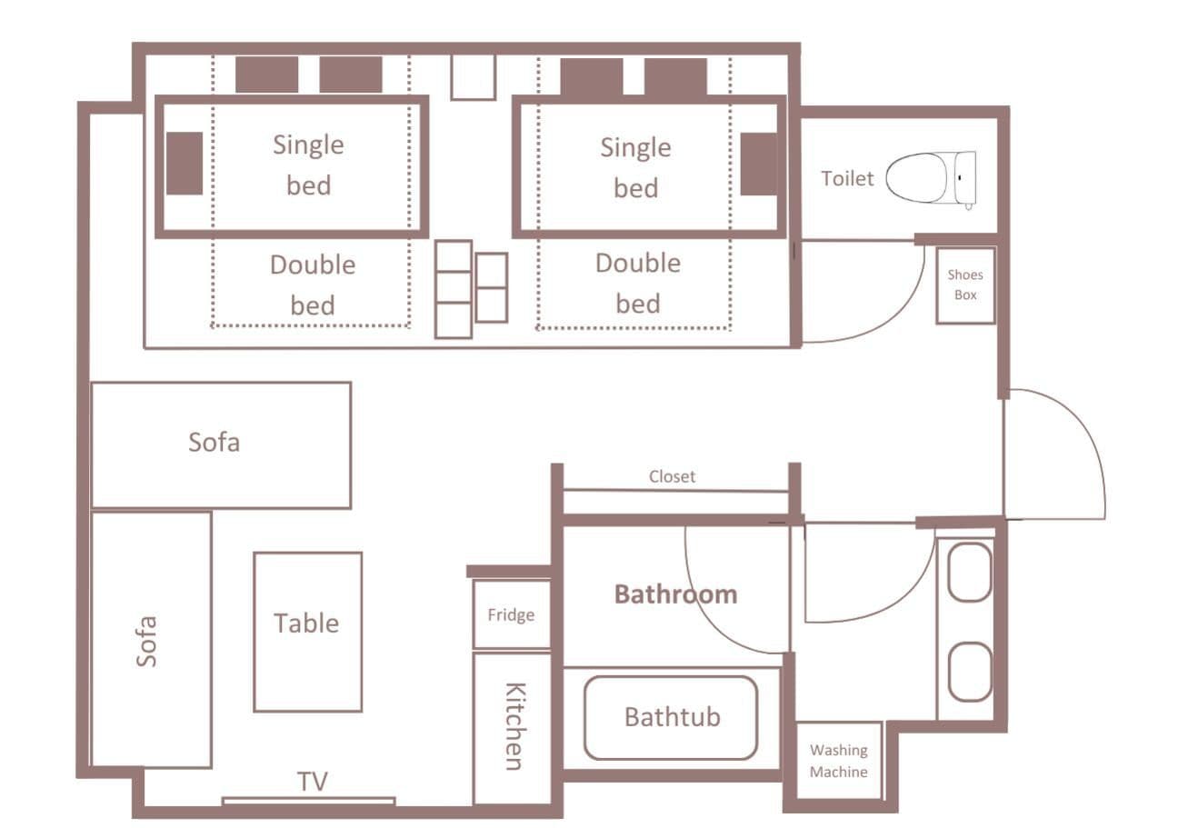 A floor plan with a single bed, double bed, sofa, table, TV, closet, kitchen, bathroom, and a washing machine.