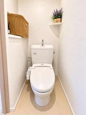 Ein modernes Badezimmer mit Toilette, Bedienfeld und Ablagefläche mit einer Pflanze.