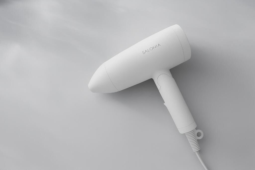 A white hair dryer with the brand name 'SALONIA' on a plain surface.
