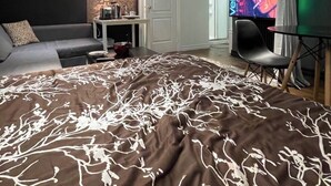 A modern bedroom with a large bed, a television, a desk, and a kitchenette.