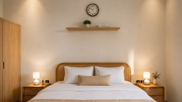 A neatly arranged bedroom with a bed, bedside tables, a wall clock, a shelf with books, and a potted plant. - Dangin Tukad Villa (Badung)