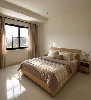 A bedroom with a large window, a bed with a wooden headboard, and a nightstand with a vase. - Dangin Tukad Villa (Badung)