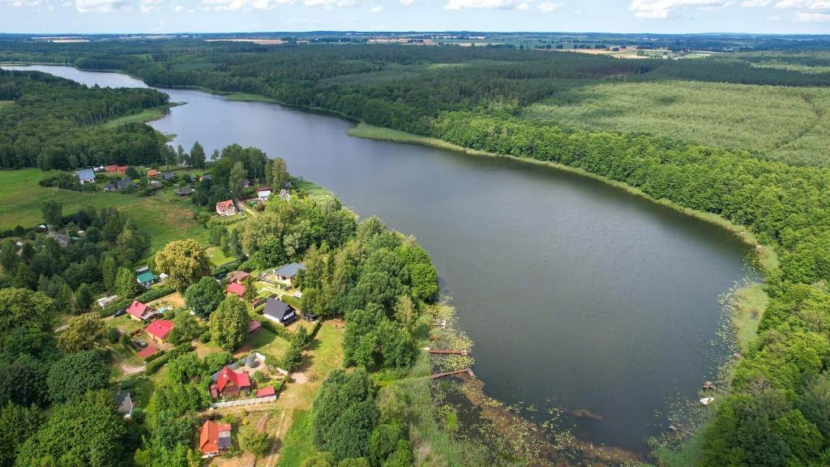 An aerial view of a lakeside property with several houses, a dock, and dense surrounding forest.