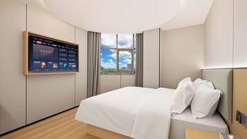 Una habitación de hotel moderna con una cama grande, un televisor montado en la pared y una ventana con vista a la ciudad.
