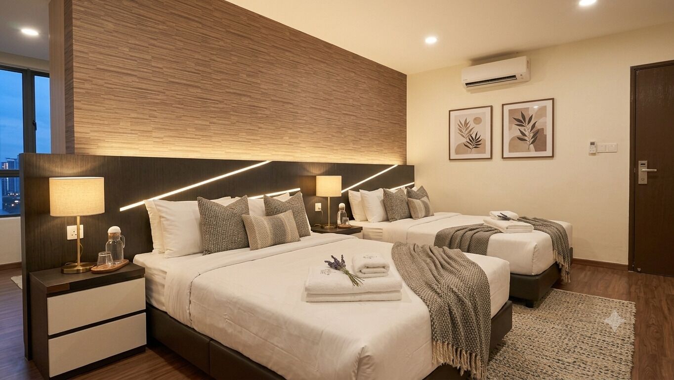 Une chambre d’hôtel au design moderne, comprenant un grand lit, un lit plus petit, une table de chevet avec une lampe et une vue sur la ville.
