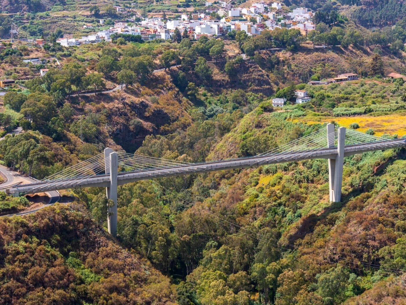 A suspension bridge over a valley with a town in the background.
