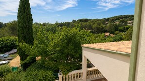Un balcón con vistas a un árbol alto, abundante vegetación y una colina distante.