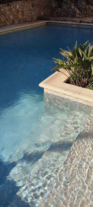 Una piscina cristalina con un muro de piedra y plantas tropicales.