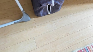 A room with a wooden floor, a dark-colored bag, and a white object that appears to be a cleaning tool. - Norwich 3BR Home Sleeps 8, 2.5 Baths, Gden, Prkg (Norwich)