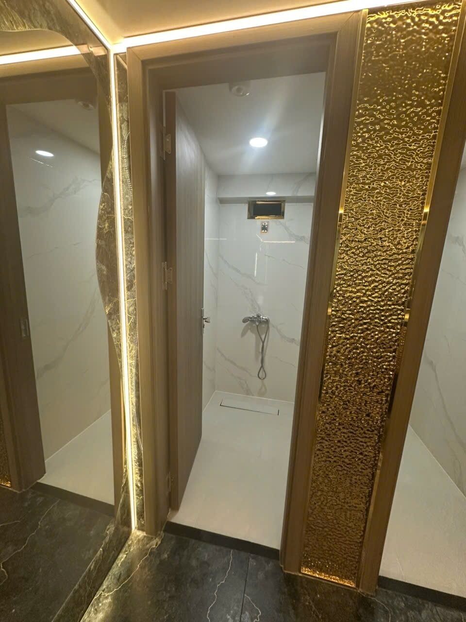 Combined shower/tub, towels