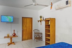 Een kamer met een televisie, plafondventilator, airconditioning, houten deur, een klein tafeltje met een vaas, een stoel en een boekenplank.