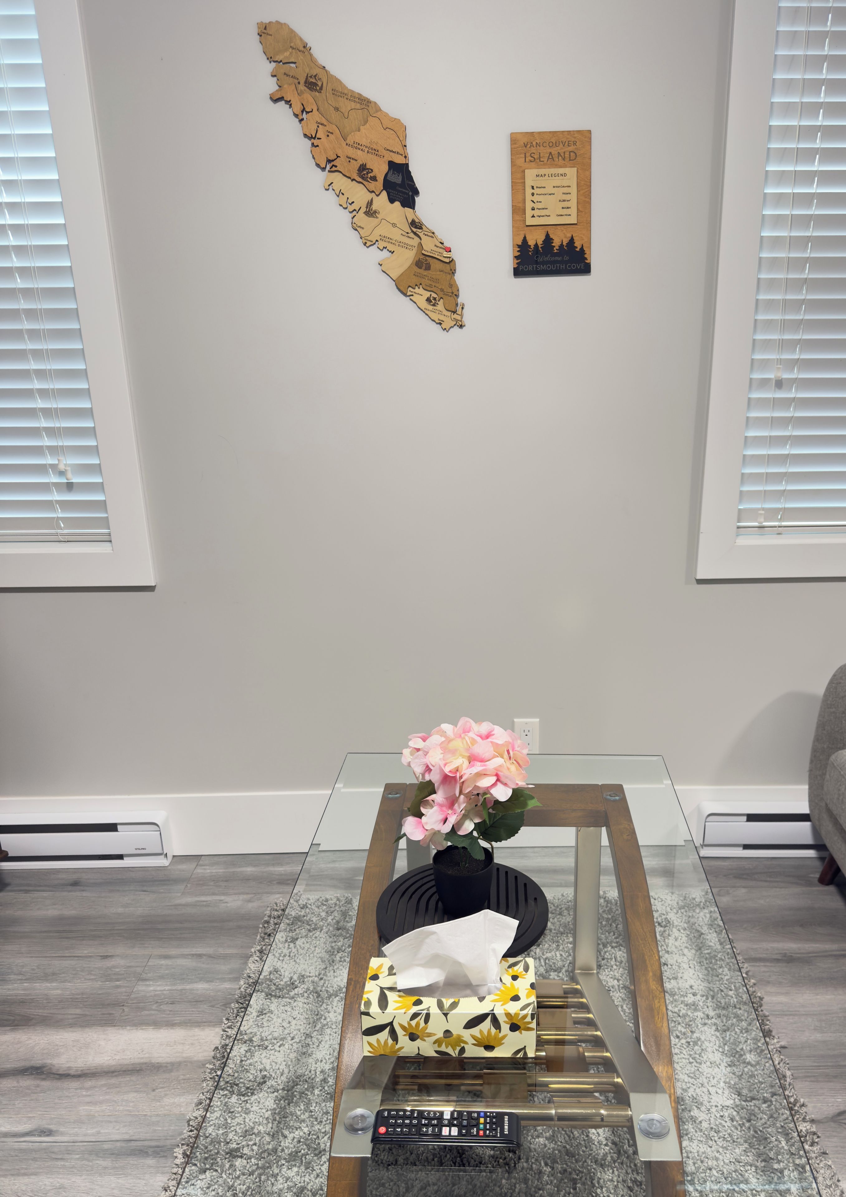 Une pièce avec une carte de l’île de Vancouver en bois accrochée au mur, un panneau d’accueil, une table basse en verre surmontée d’un vase de fleurs, une télécommande et une boîte à motifs.