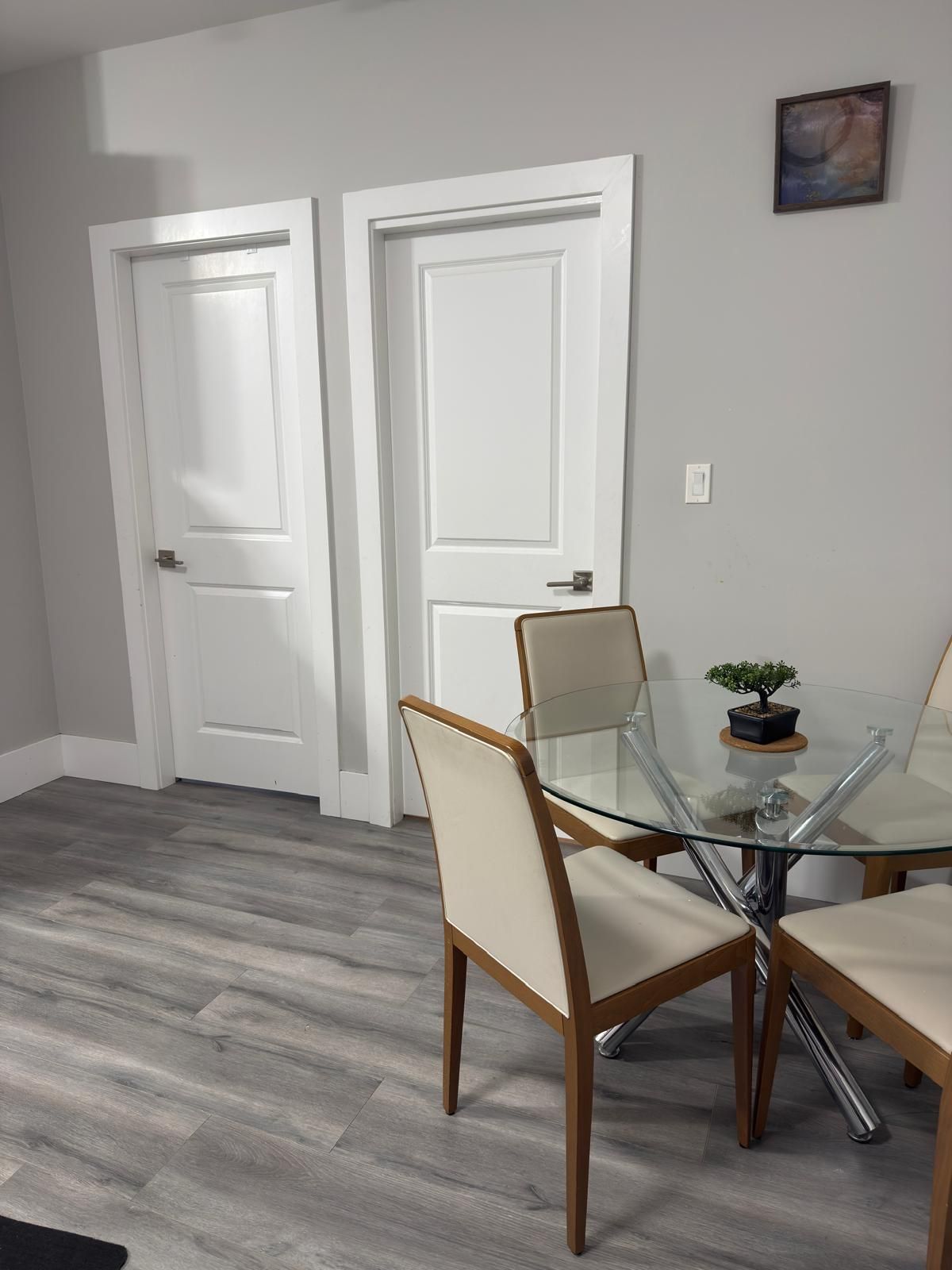Een eetruimte met een glazen tafel, vier stoelen, twee witte deuren en een kleine potplant aan de muur.