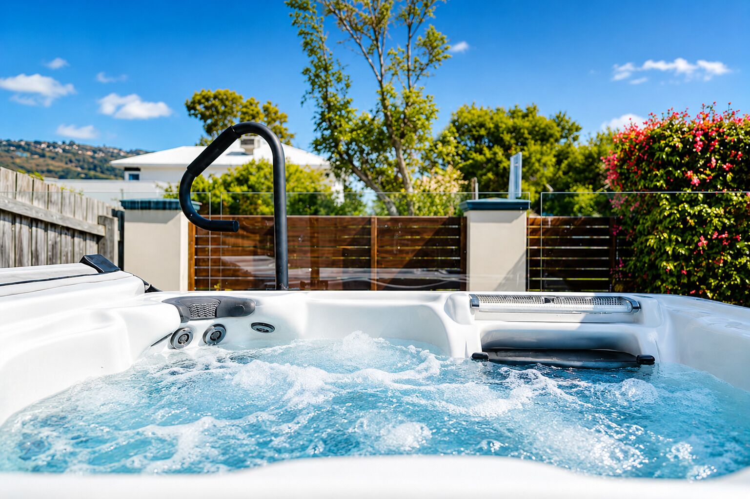 A hot tub with a faucet, surrounded by a wooden fence, trees, and a house in the background.