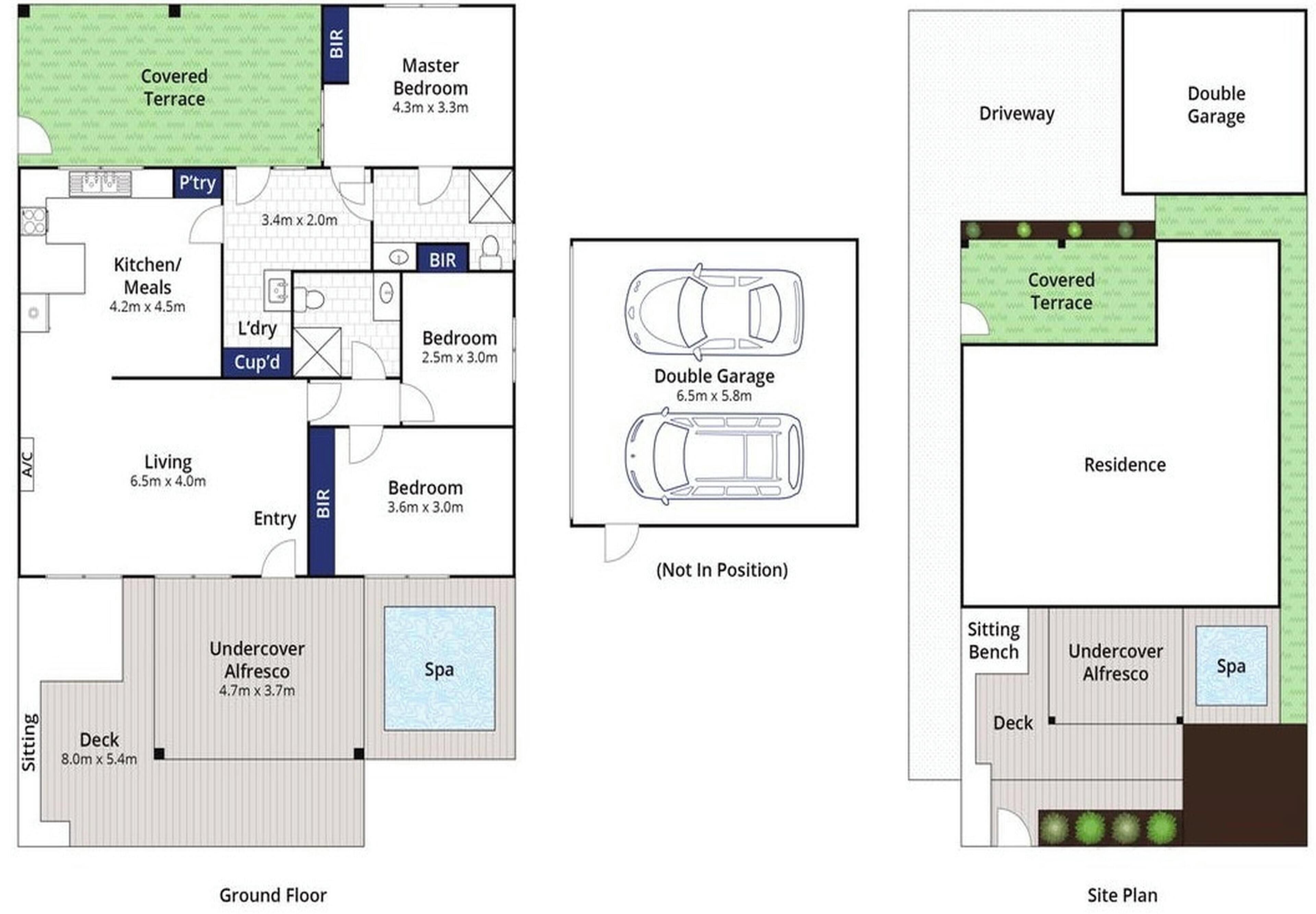 A hotel layout with a covered terrace, master bedroom, kitchen, living area, spa, and double garage.