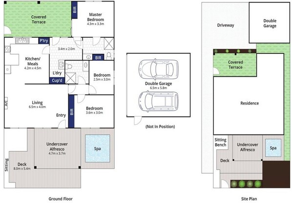 Distribución de un hotel con terraza cubierta, dormitorio principal, cocina, sala de estar, spa y garaje doble.