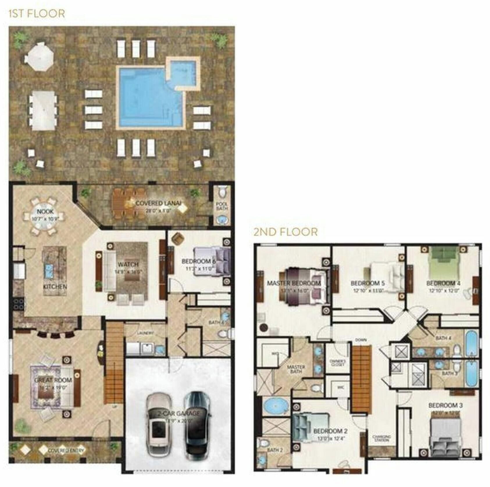 Un appartement situé au deuxième étage, comprenant une véranda couverte, une cuisine, une chambre principale et un garage pour deux voitures.