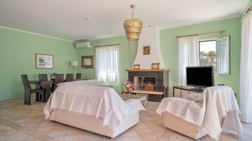 TV, fireplace