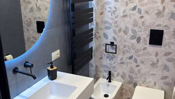 Hair dryer, towels, soap, toilet paper