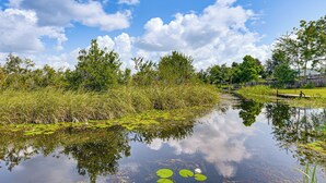 A calm water body with lily pads and surrounding greenery. - On Deer Point Lake! Home w/ Private Dock & Hot Tub (Youngstown)