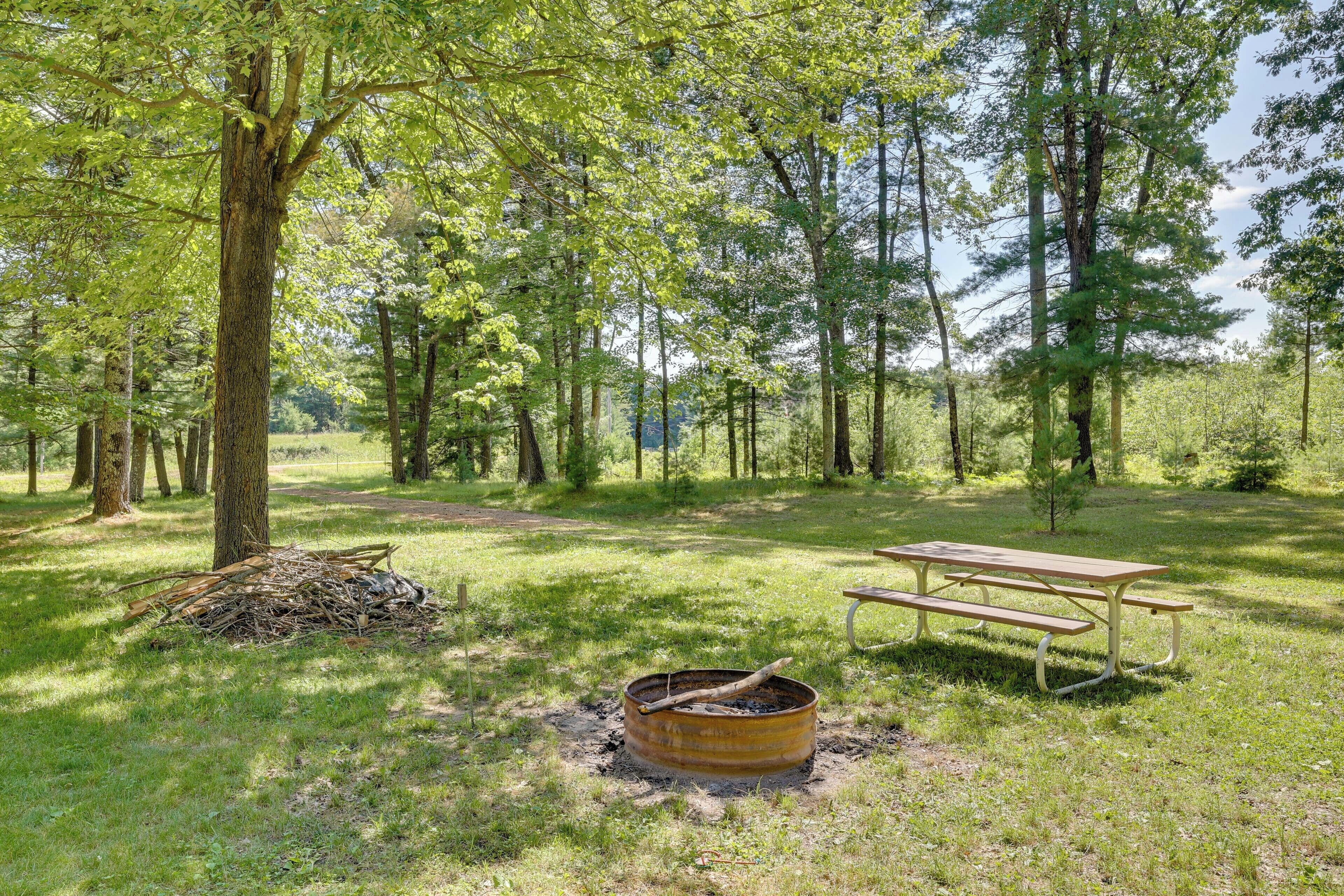 Ein Picknicktisch und ein Lagerfeuer in bewaldeter Landschaft.