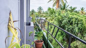 Ein Balkon mit Topfpflanzen, einem Metallgeländer und Blick auf Palmen.