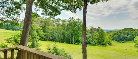 A wooden deck with a view of a grassy field and trees.