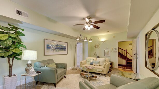 A living room with a ceiling fan, a large potted plant, a sofa, a coffee table, and a glass table. - Jasmine Arbor - 2BR Apt in Coveted Historic Dtwn (Savannah)