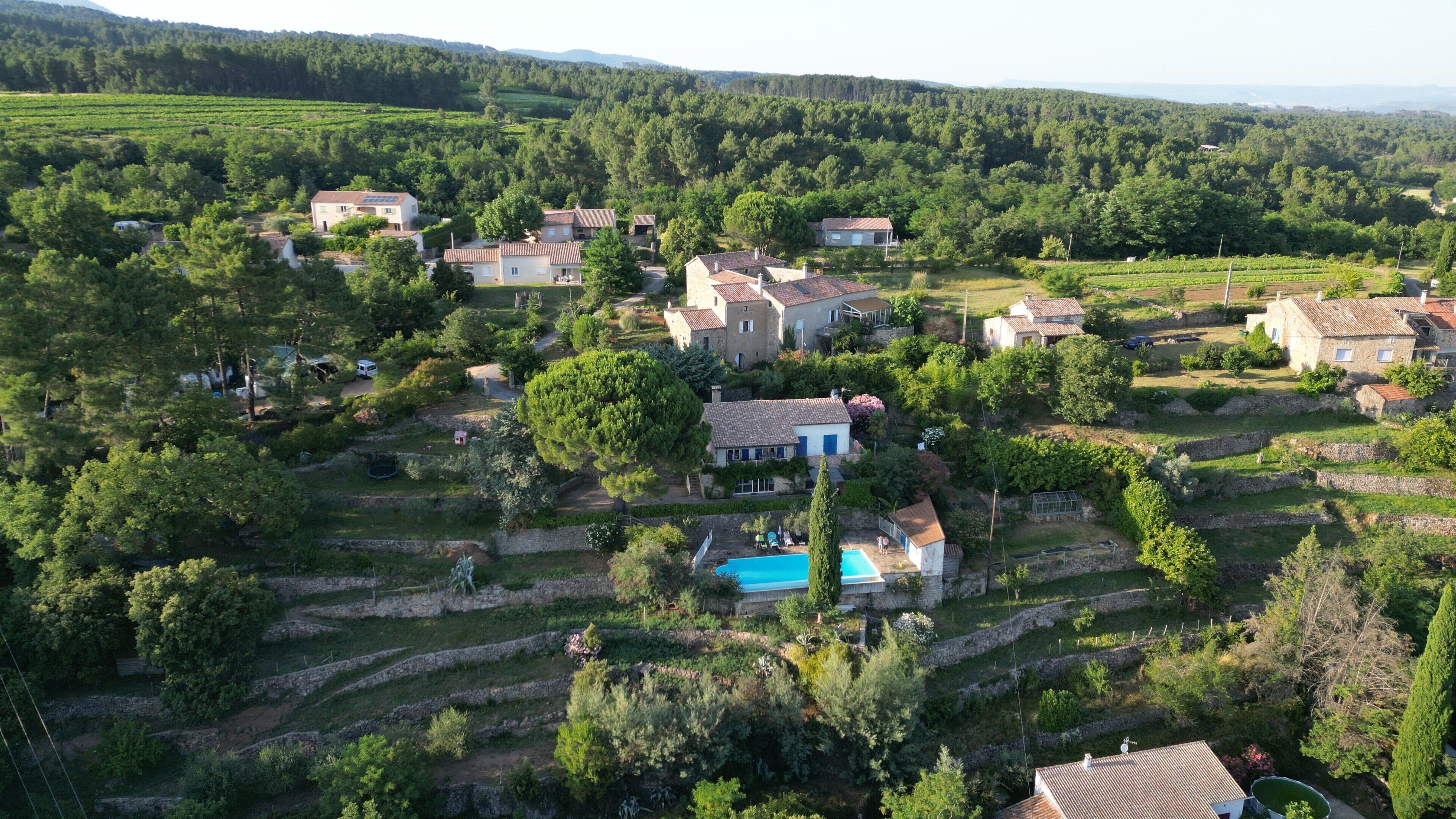A residential area with houses surrounded by greenery and terraced fields.
