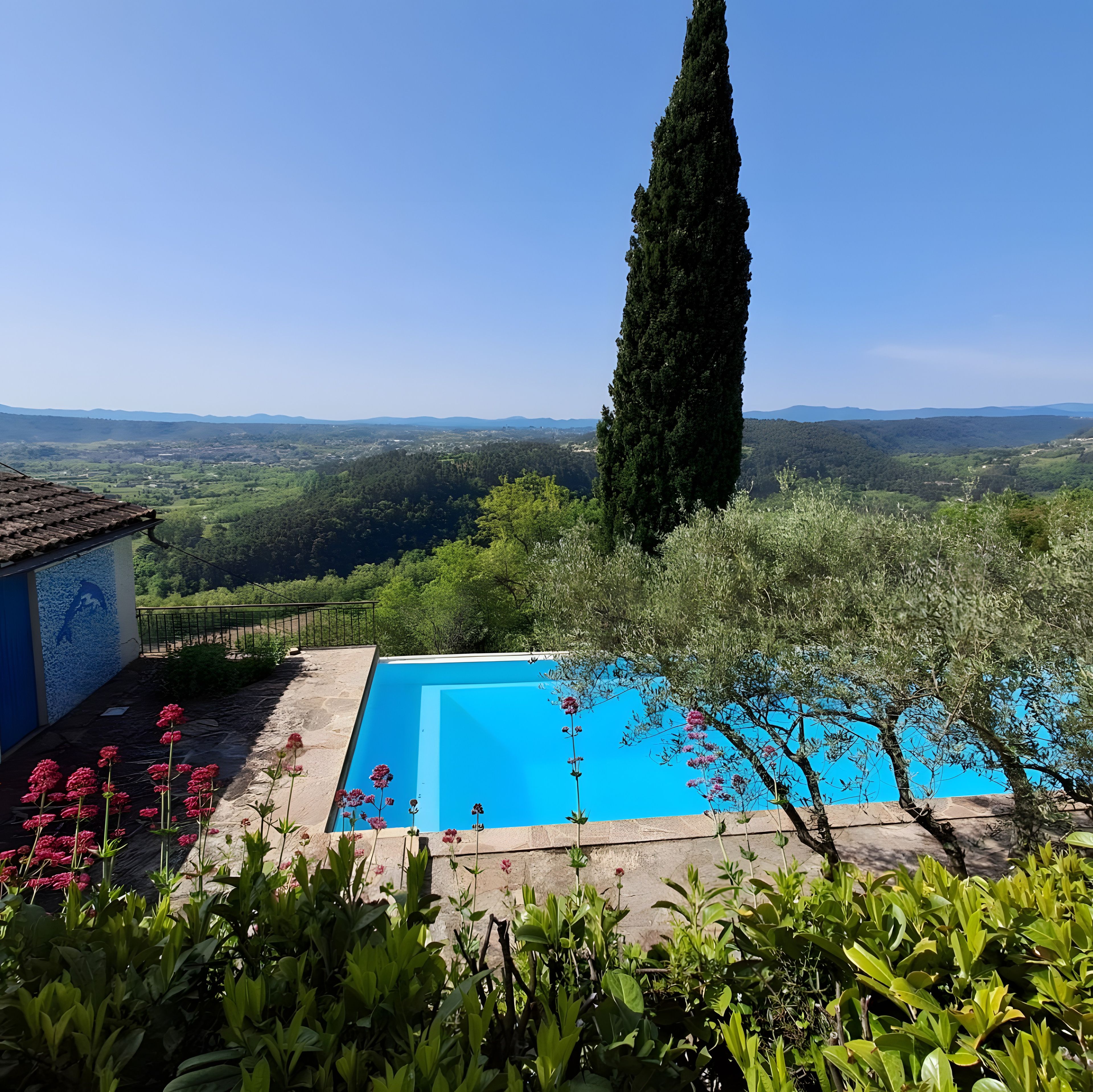 Una piscina con vistas despejadas del paisaje circundante, que incluye un árbol alto y colinas a lo lejos.
