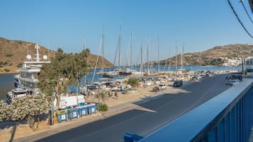 A marina with multiple sailboats docked, a road with vehicles, and a hilly landscape in the background.