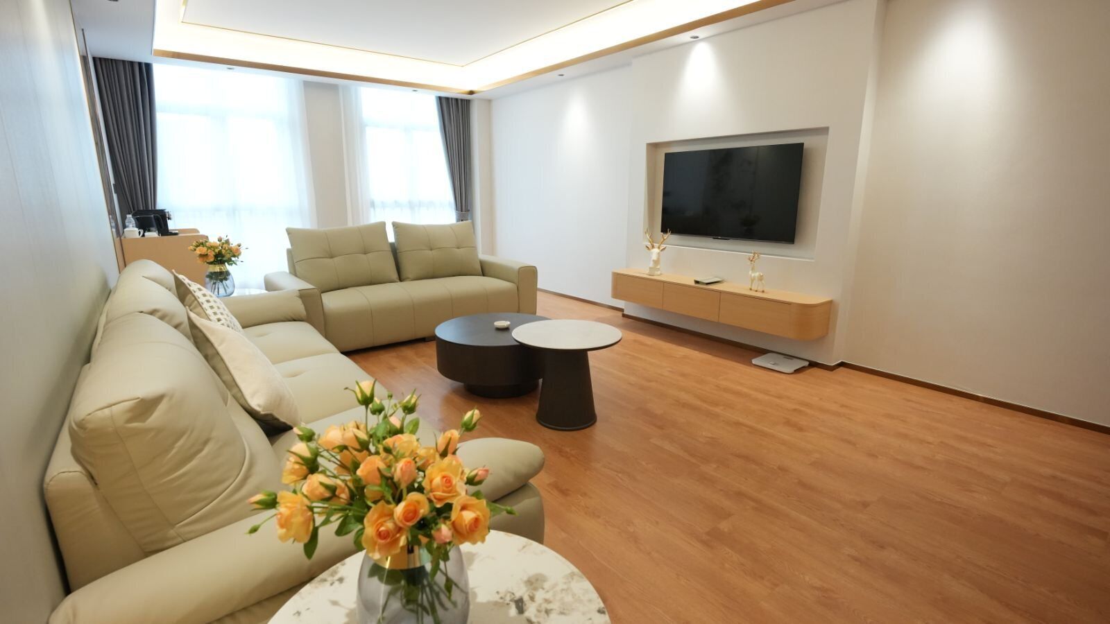 Un soggiorno moderno con un divano, un tavolino, una televisione e un vaso decorativo.