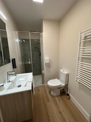 A modern bathroom with a glass shower enclosure, a white toilet, and a wooden vanity.
