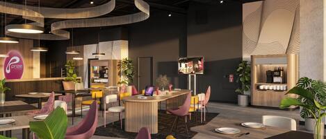 Un restaurante moderno con barra central, varias zonas de estar e iluminación decorativa.