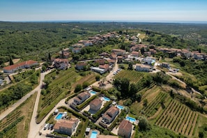 An aerial view of a residential area with houses, vineyards, and a swimming pool. - Villa Vinea (100691-K1) - Momjan (Momjan)