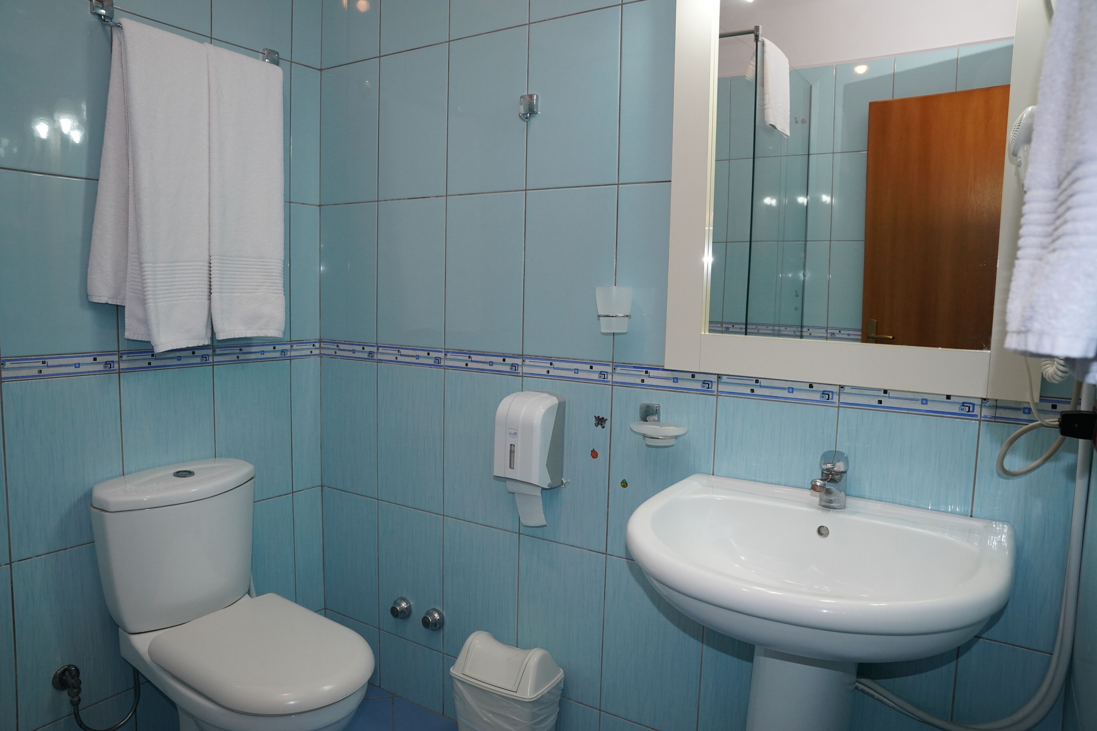 Une salle de bain avec des toilettes, un lavabo et un miroir.
