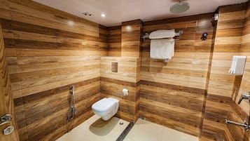 Separate bathtub and shower, hair dryer, towels, soap