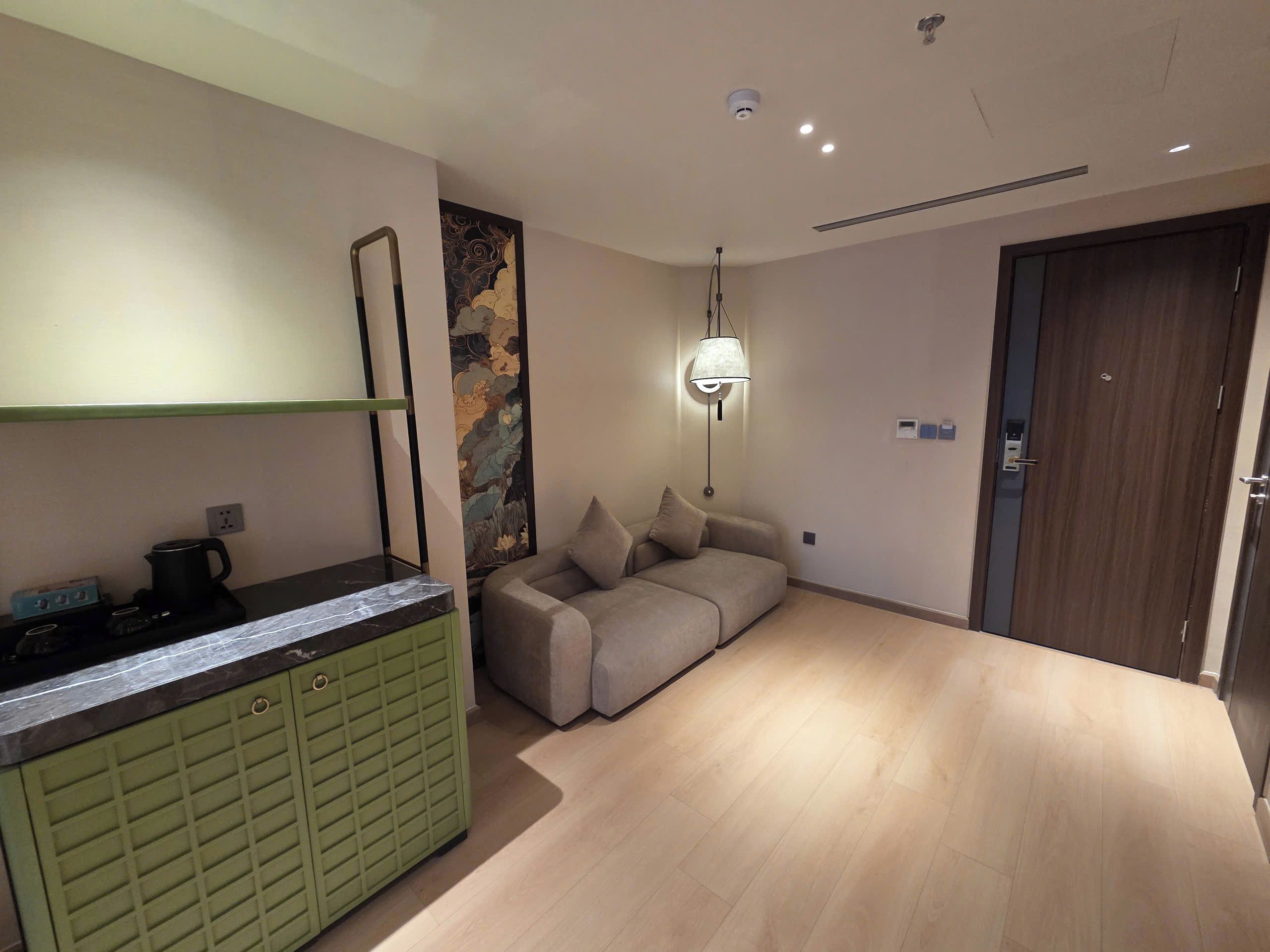 Un espace de vie moderne comprenant un canapé, un meuble vert et un luminaire fixé au mur.