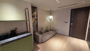 Un espace de vie moderne comprenant un canapé, un meuble vert et un luminaire fixé au mur.