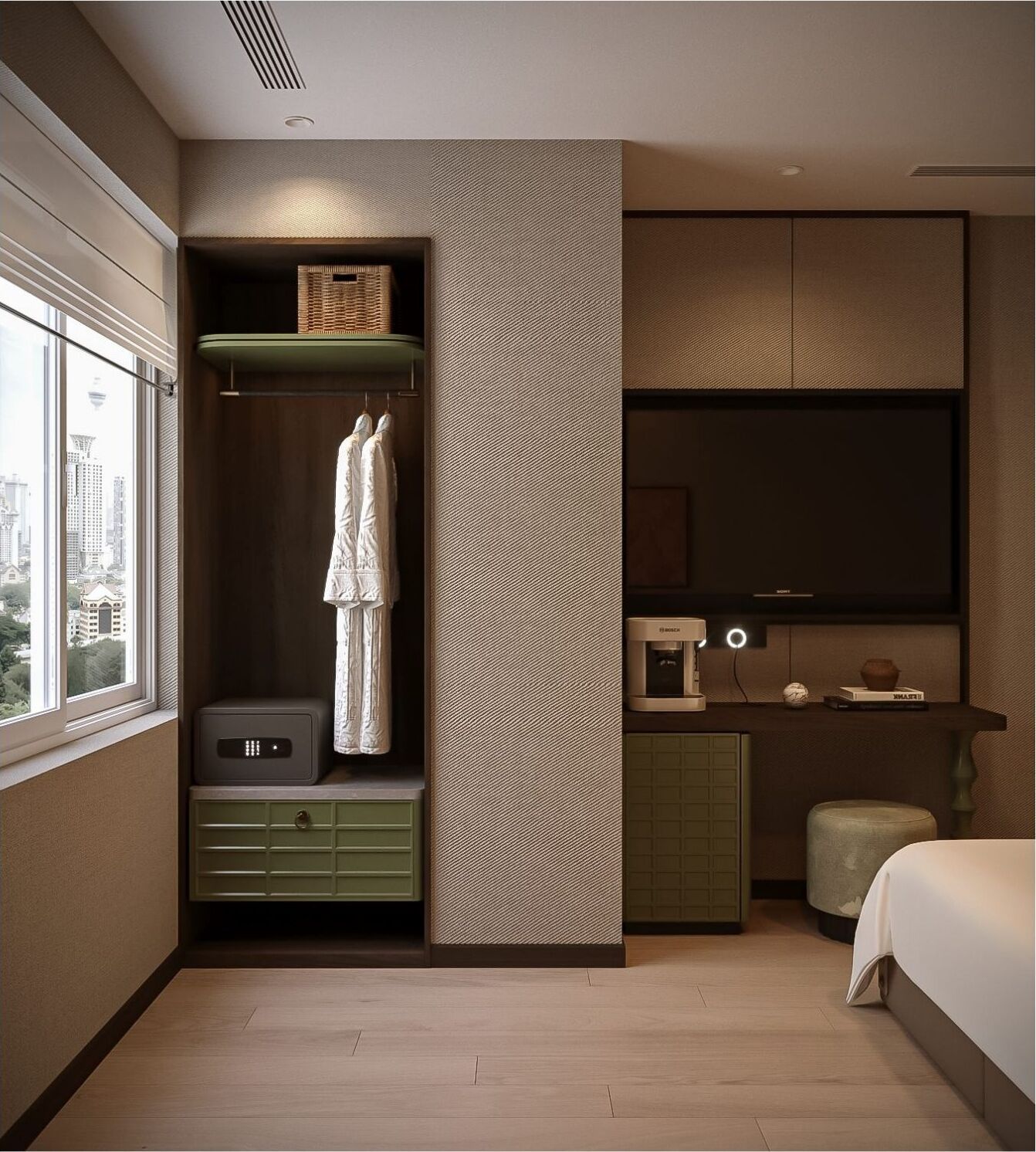 A modern hotel room with a large window, a built-in wardrobe, a flat-screen TV, a minibar, and a bed.