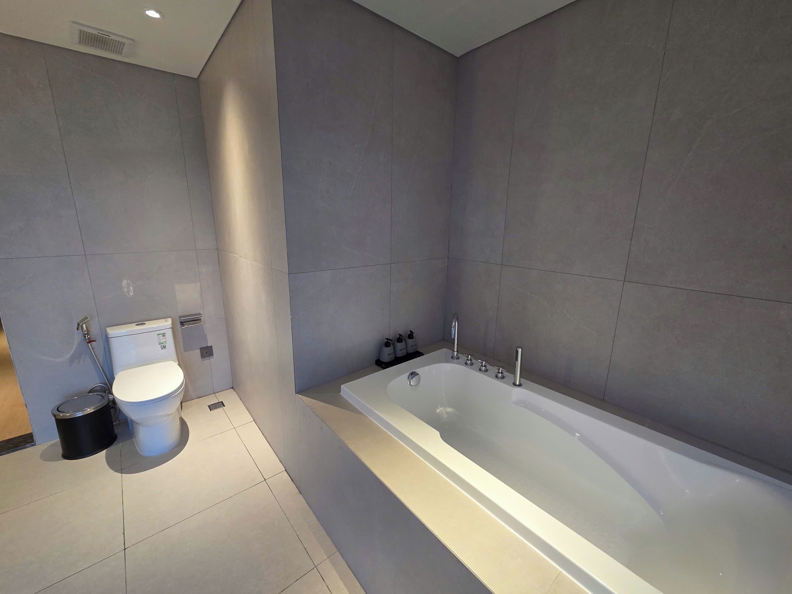 A modern bathroom with a bathtub, toilet, and hand soap dispenser.
