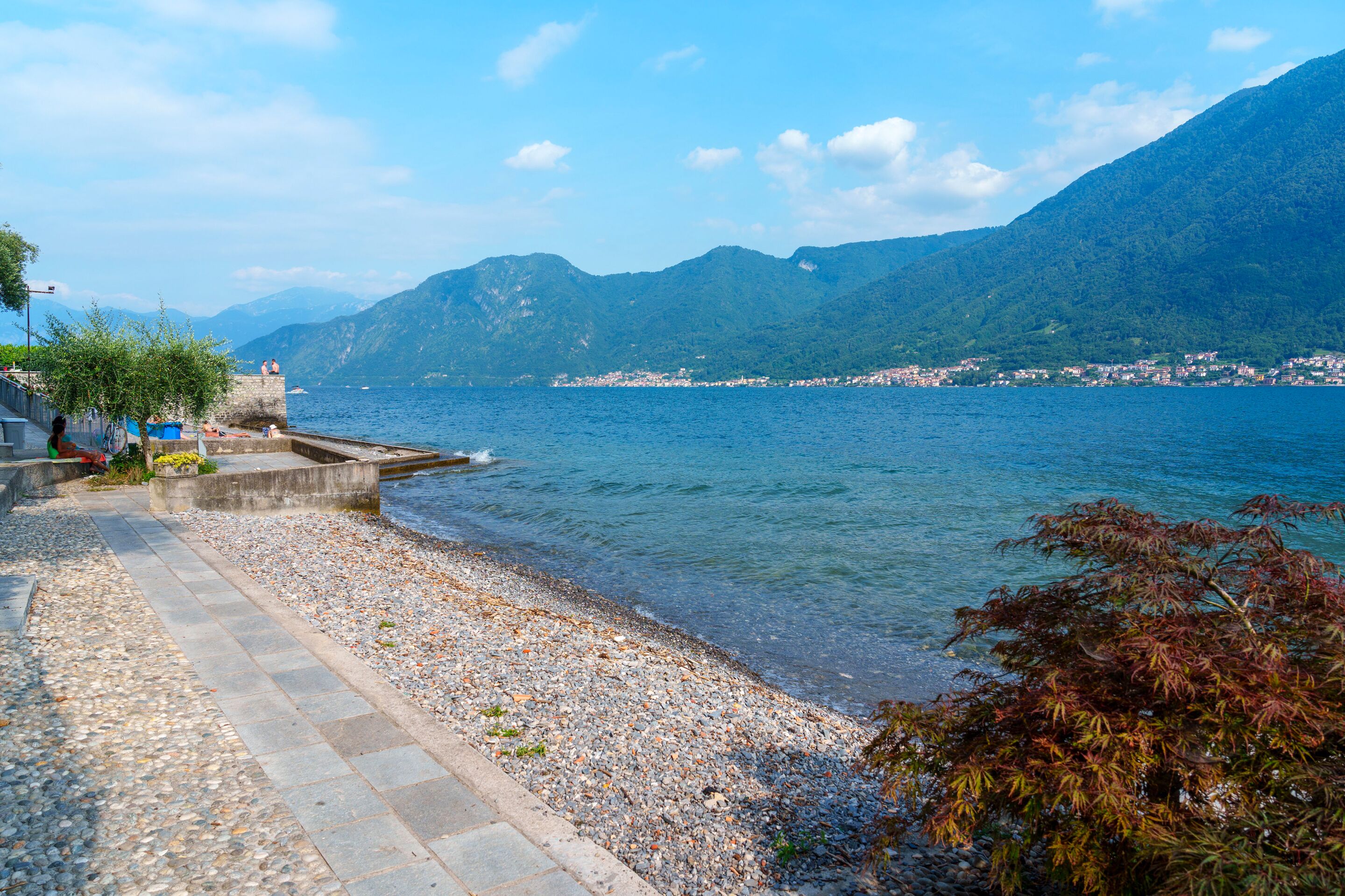 Un paseo marítimo con un sendero de piedras que conduce a una costa rocosa, con vista al mar tranquilo y un paisaje montañoso.