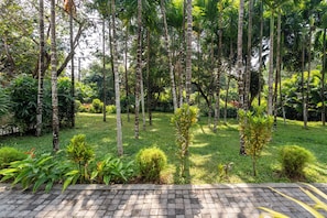 A garden with tall trees, a paved walkway, and various shrubs. - Staymaster Belamia•3BR•Private Pool (Parra)