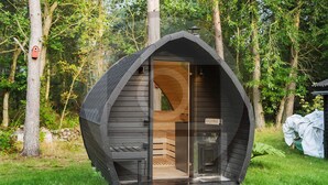 A small, dark-colored, A-frame wooden structure with a glass door, set in a grassy area with trees in the background. - Stunning home in Fårvang with sauna (Fårvang)