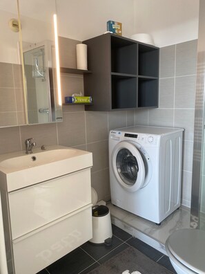 A compact bathroom with a white sink, a washing machine, and a mirror. - Large Studio in Canne Marina (Mandelieu-la-Napoule)