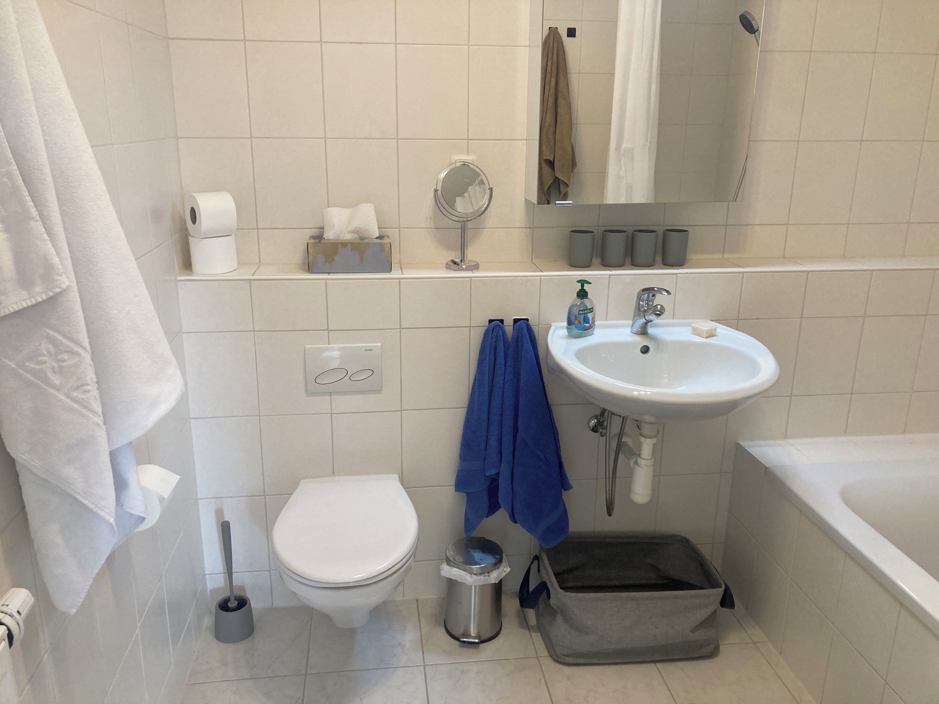 Ein Badezimmer mit Toilette, Waschbecken, Spiegel und Dusche.