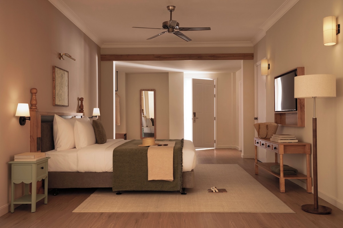 A hotel room with a bed, bedside tables, a ceiling fan, a TV, and a mirror.