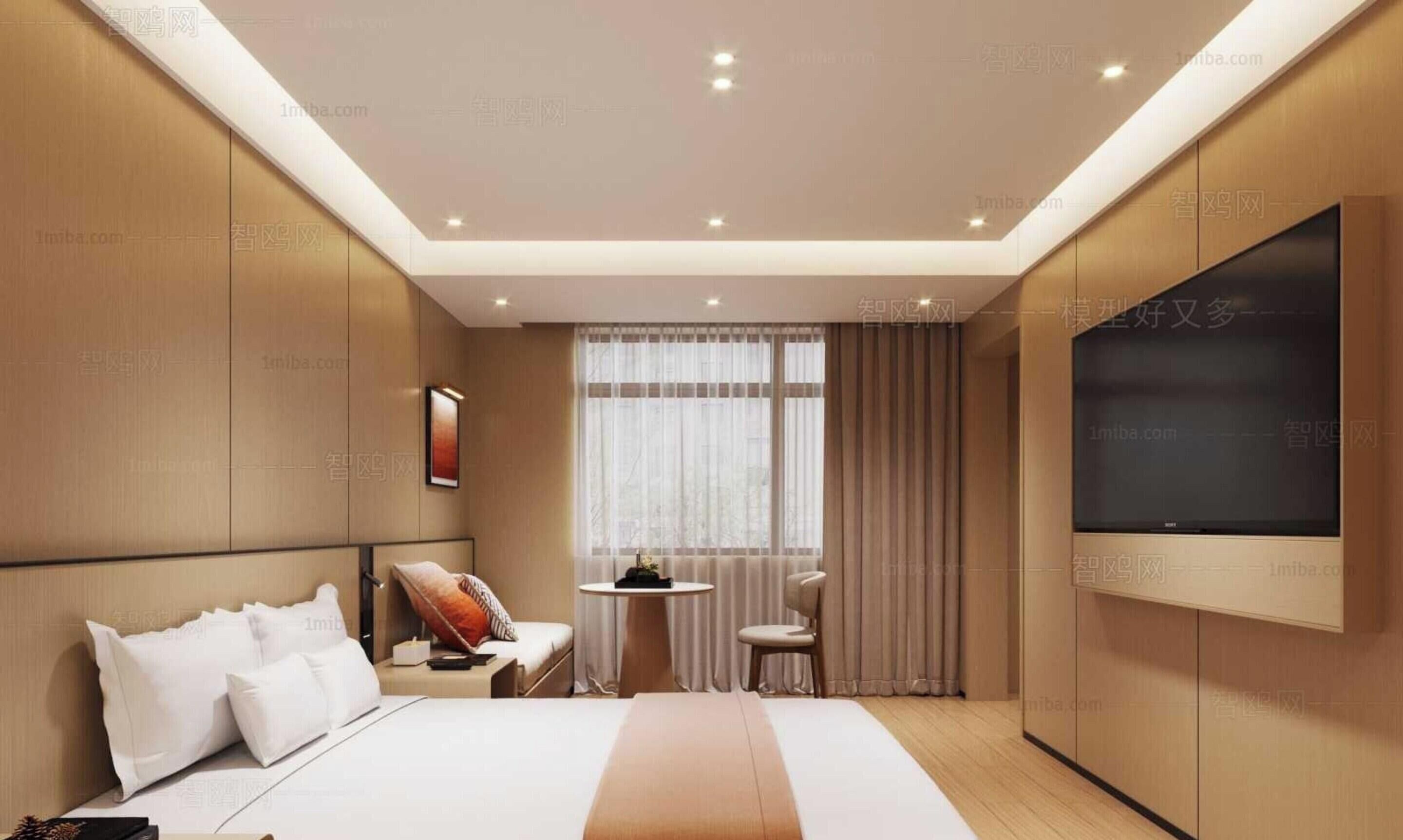 A modern hotel room with a bed, bedside table, chair, TV, and a window with curtains.