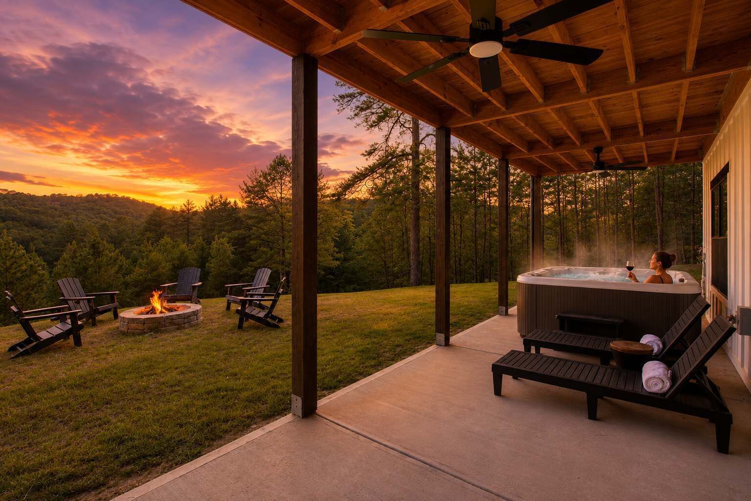 Een overdekt buitengebied met een jacuzzi, lounge stoelen en een vuurkorf.